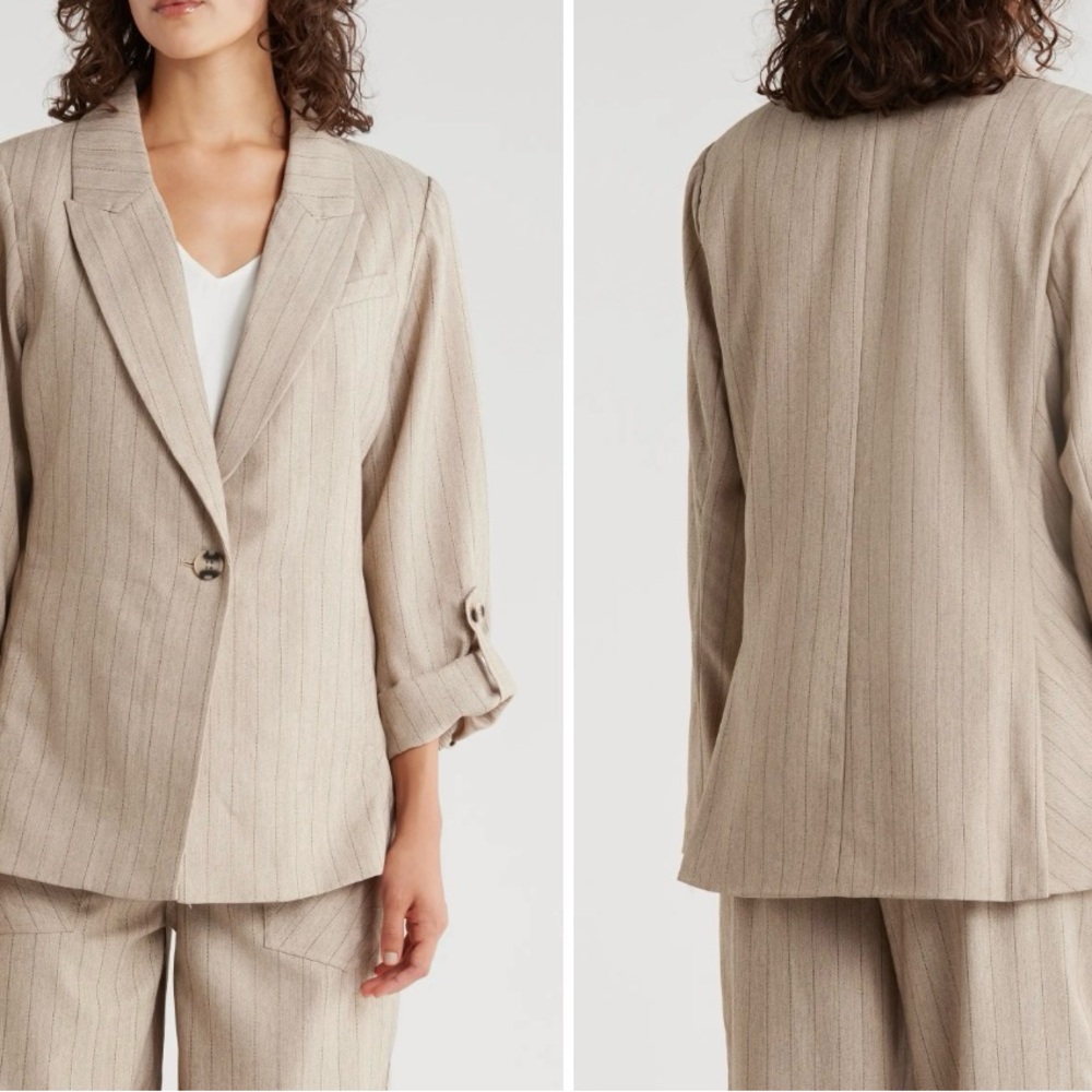 Brand New Democracy Pinstripe Oversize Jacket Light Tan Peak Lapel Blazer